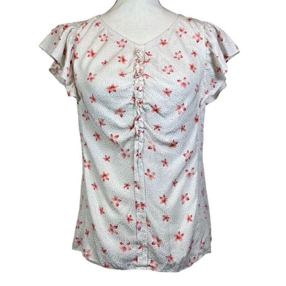 Rebecca Taylor Silk Blend Sleeveless Ruffle Top White Dot Floral Size 6